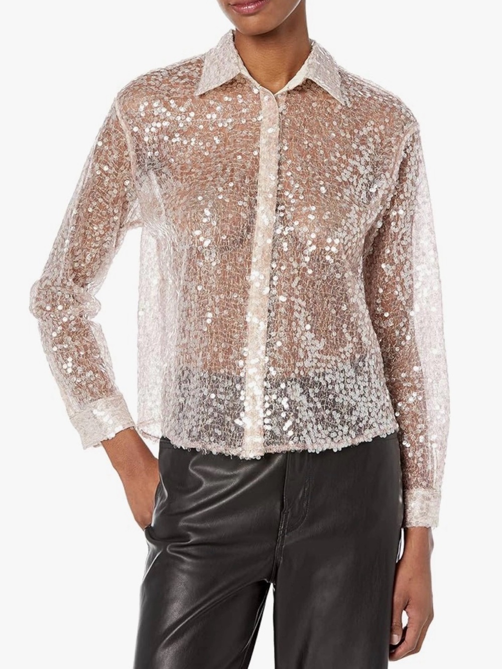 Astr the Label L Jewel Sequin Nude Jewel Top Blouse Button Down Pink NWT $106
